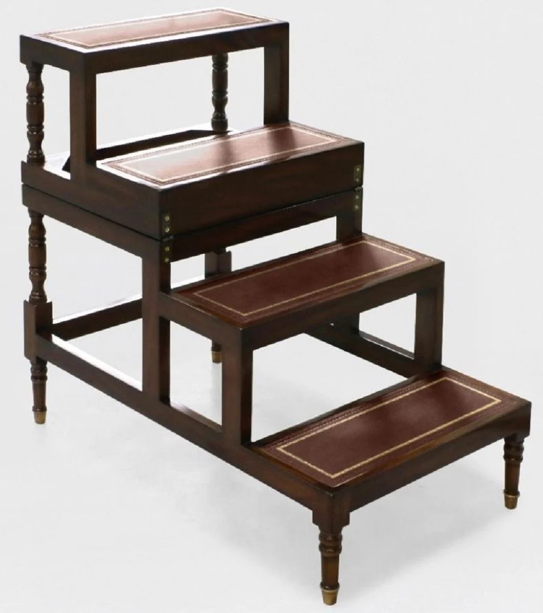 Luxus Jugendstil Couchtisch Dunkelbraun / Bordeauxrot / Gold - Ausklappbare Massivholz Bibliothekstreppe mit Echtleder - Jugendstil Wohnzimmer Möbel - Edel & Prunkvoll