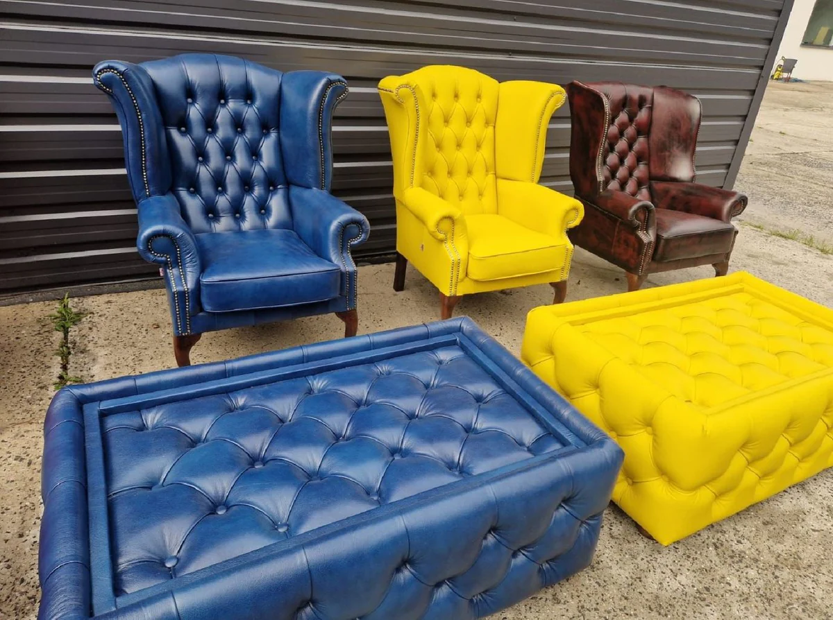 Luxus Chesterfield Ohrensessel Gelb / Dunkelbraun 98 x 90 x H. 110 cm - Echtleder Chesterfield Wohnzimmer Sessel - Wohnzimmer Möbel - Chesterfield Möbel - Luxus Leder Möbel