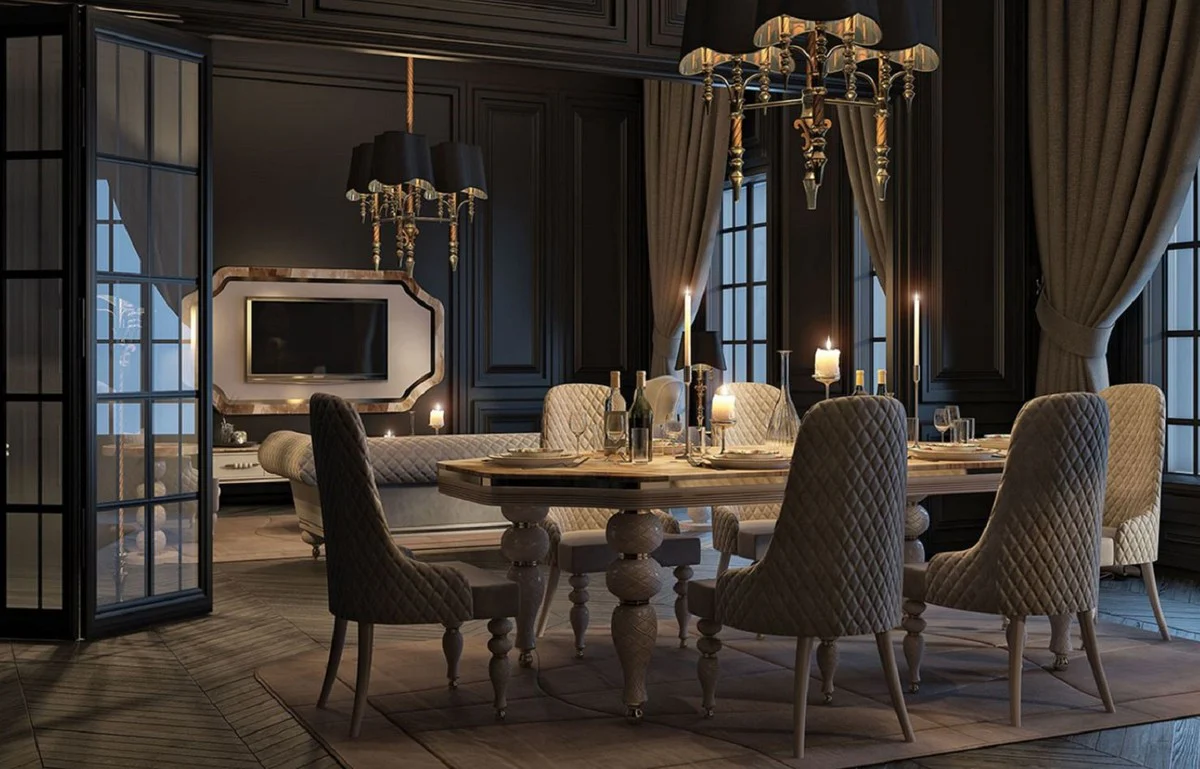 Luxus Art Deco Esszimmer Set Grau / Weiß / Gold - 1 Art Deco Esstisch mit Kunstmarmor Tischplatte & 8 Art Deco Esszimmerstühle - Art Deco Esszimmer Möbel - Luxus Qualität