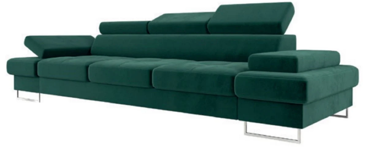 Luxus Samt Sofa Grün / Silber 305 x 97 x H. 74-95 cm - Wohnzimmer Sofa mit verstellbaren Kopfstützen - Wohnzimmer Möbel - Luxus Möbel - Luxus Einrichtung