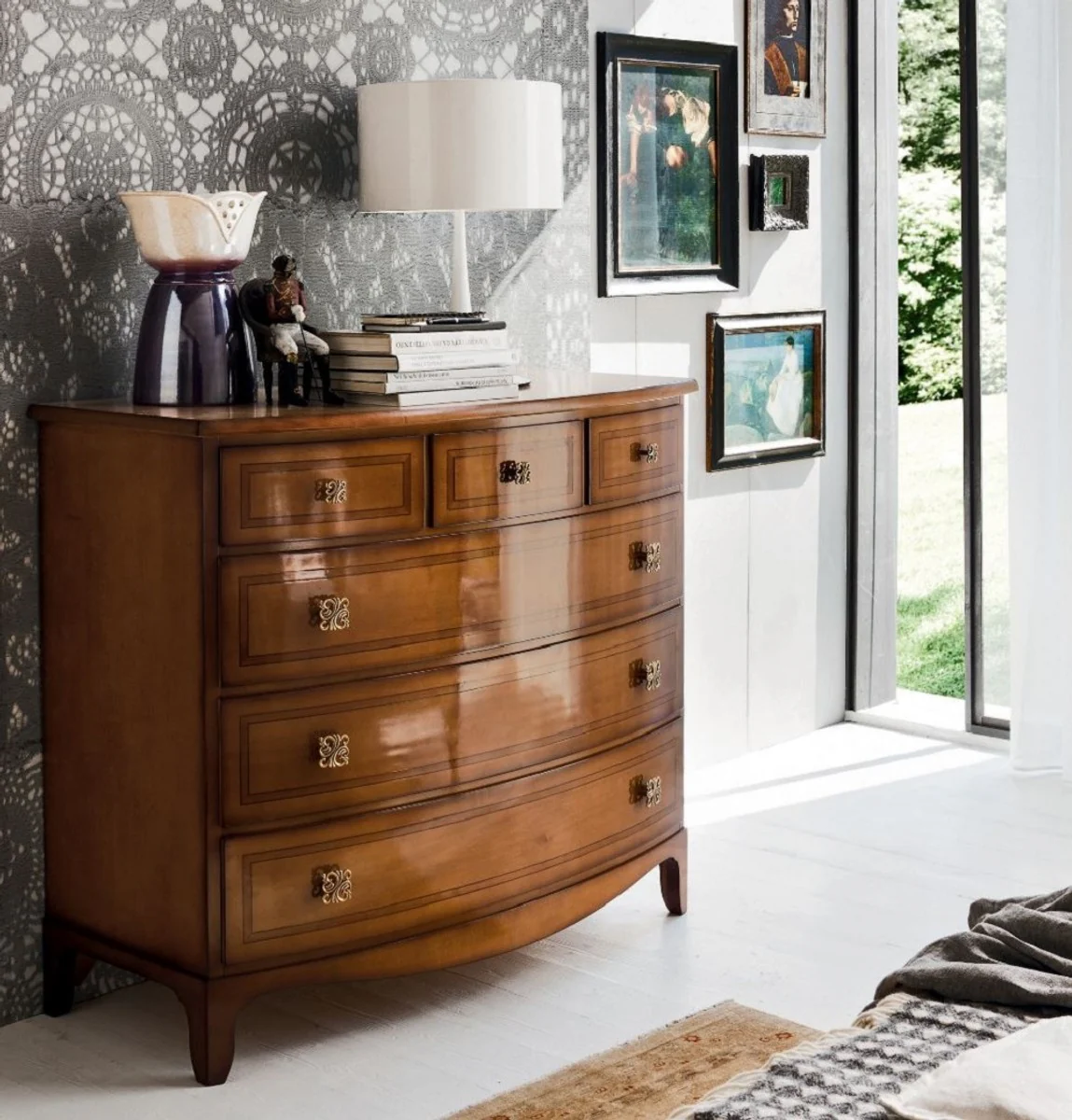 Luxus Jugendstil Kommode Braun 124 x 58 x H. 106 cm - Massivholz Schrank mit 6 Schubladen - Barock & Jugendstil Möbel