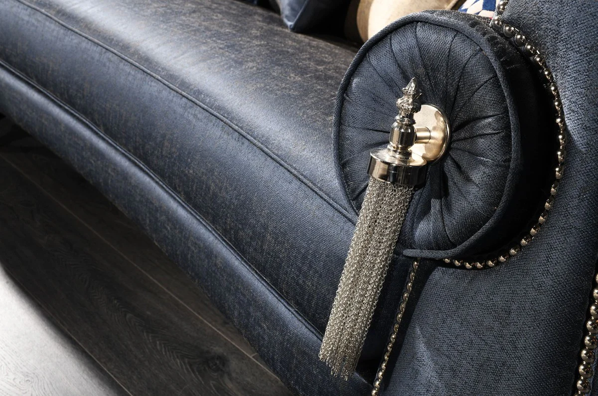 Luxus Barock Wohnzimmer Sofa Blau / Silber / Schwarz 300 x 94 x H. 88 cm - Edel & Prunkvoll