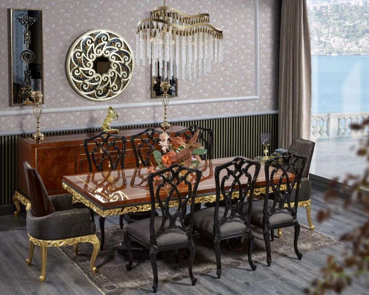 Luxus Barock Esstisch Braun / Schwarz / Gold - Handgefertigter Massivholz Esszimmertisch - Luxus Esszimmer Möbel im Barockstil - Barock Möbel - Barock Einrichtung