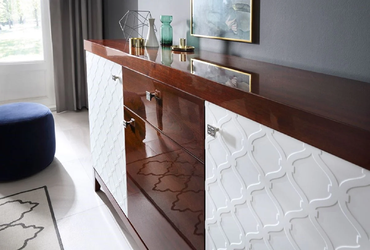 Luxus Kommode mit 3 Türen und Schublade Weiß / Hochglanz Braun 171,4 x 45 x H. 96,6 cm - Luxus Möbel