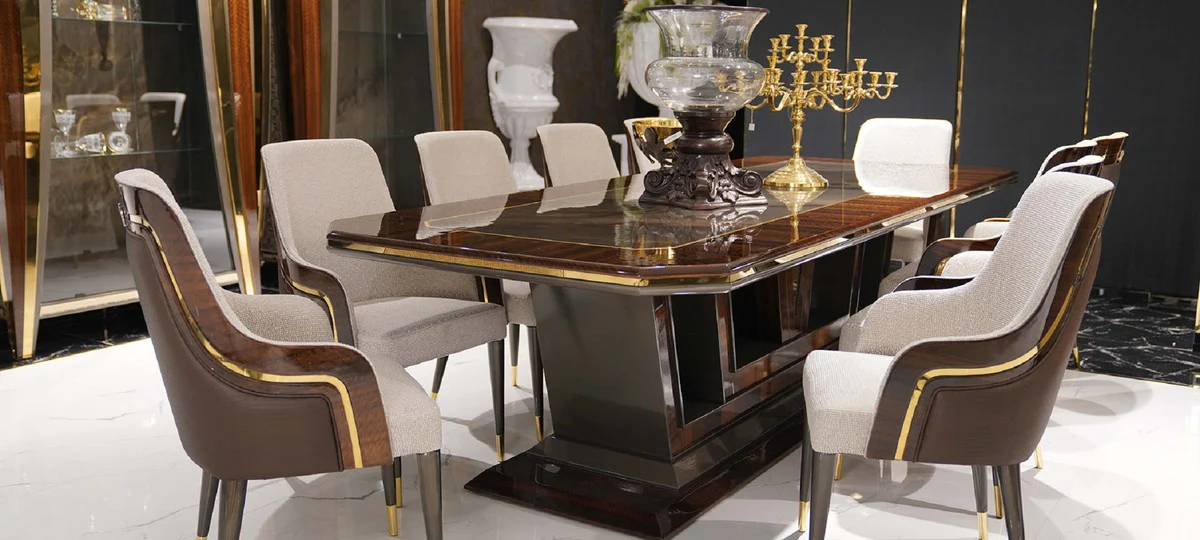 Luxus Esszimmer Set Grau / Braun / Gold - 1 Esstisch & 10 Esszimmerstühle - Luxus Esszimmer Möbel - Luxus Qualität