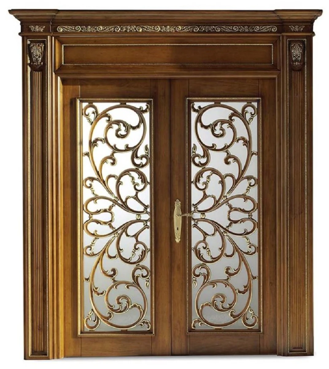 Luxus Barock Doppel Wohnungstür Braun / Gold 231 cm - Made in Italy