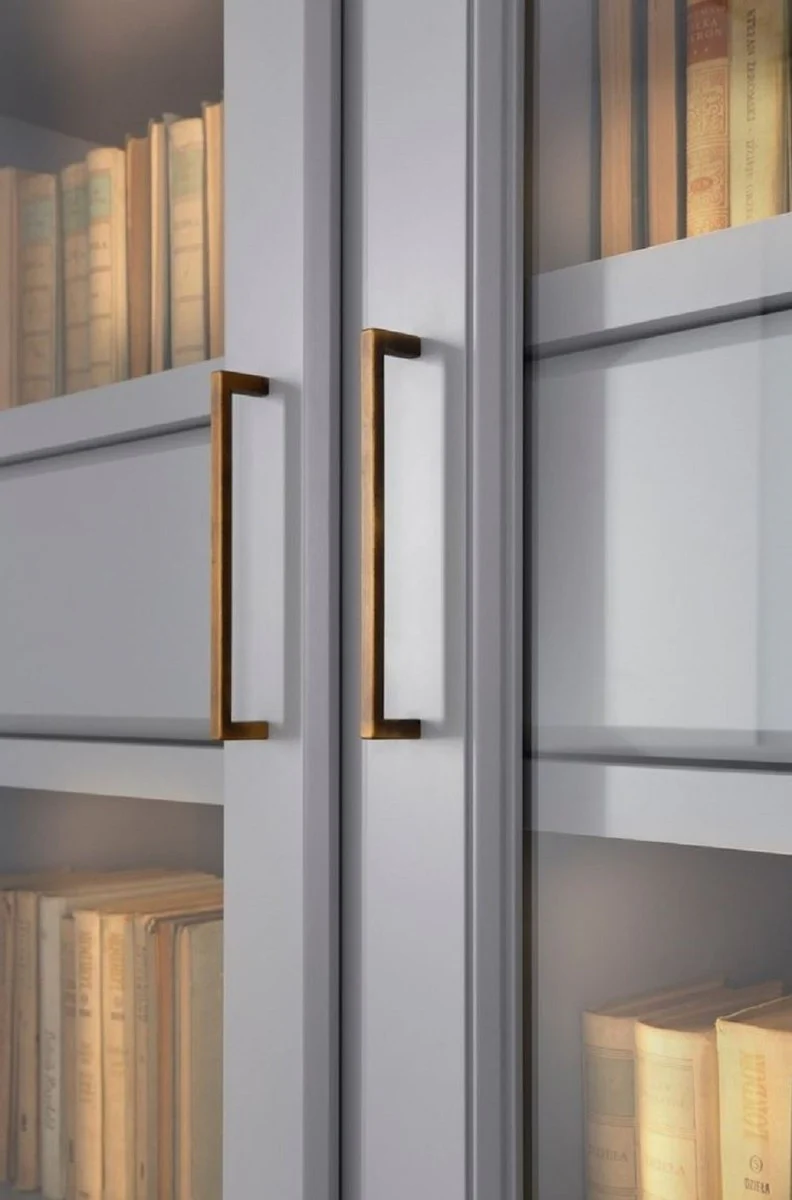 Luxus Bücherschrank mit 3 Türen und LED Beleuchtung Grau 200 x 45 x H. 230 cm - Massivholz Schrank - Wohnzimmerschrank - Regalschrank - Büroschrank - Luxus Möbel - Luxus Einrichtung