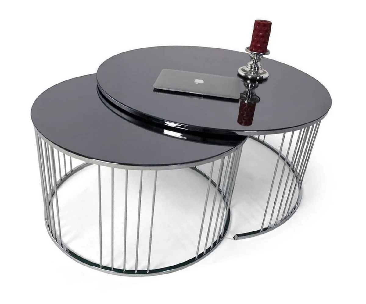 Luxus Couchtisch Set Silber / Schwarz - 2 runde Wohnzimmertische mit Glasplatte - Wohnzimmer Möbel - Luxus Kollektion