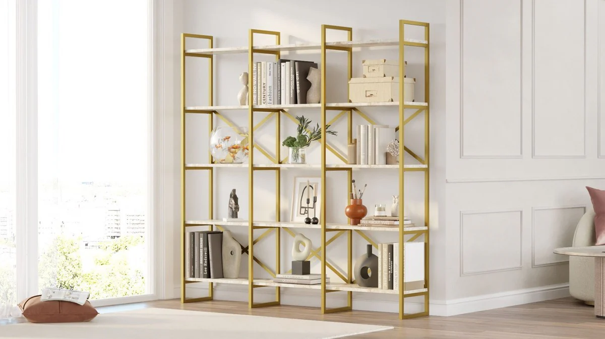 Luxus Regalschrank mit Marmor Regalen Gold / Weiß 170 x 30 x H. 175 cm - Bücherschrank - Wohnzimmer Schrank - Büro Schrank - Wohnzimmer Möbel - Büro Möbel - Luxus Möbel