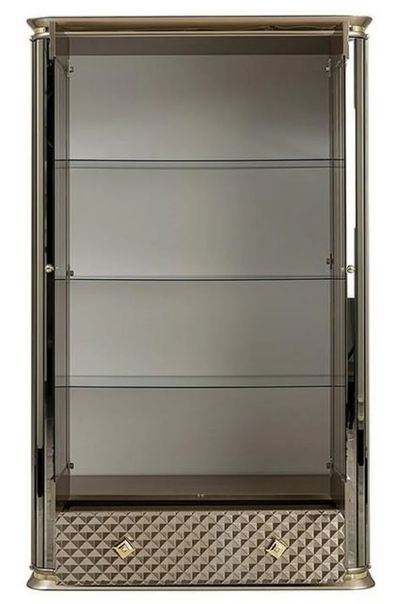 Luxus Art Deco Vitrine Beige / Gold - Handgefertigter Massivholz Vitrinenschrank mit 2 Türen und Schublade - Edle Art Deco Möbel