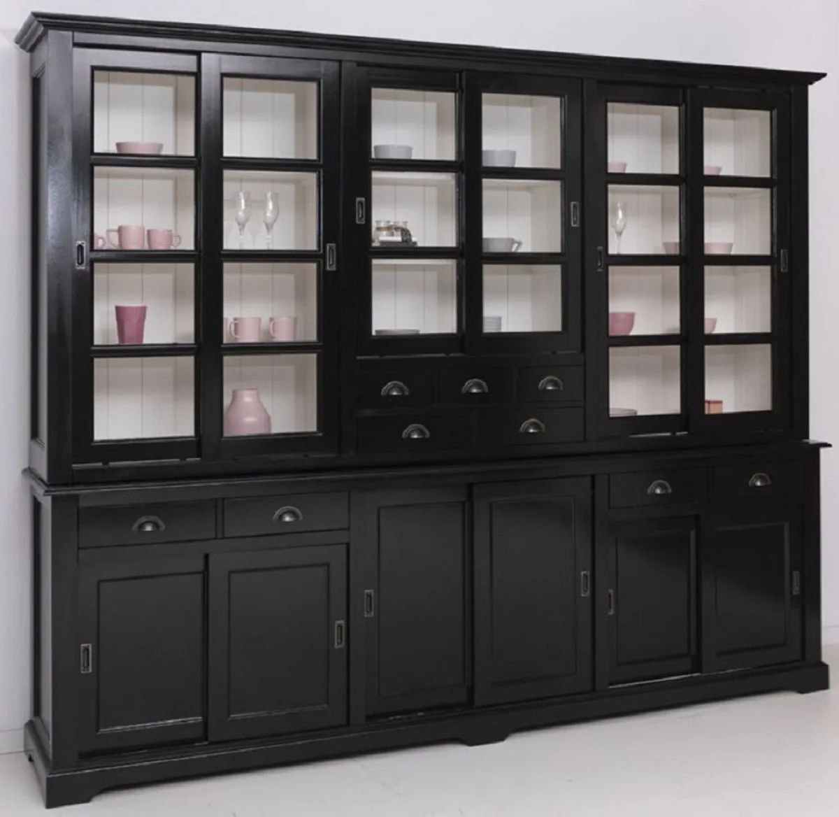 Landhausstil Esszimmerschrank Schwarz / Weiß 280 x 55 x H. 225 cm - Massivholz Küchenschrank - Esszimmer Möbel im Landhausstil - Landhausstil Esszimmer Einrichtung