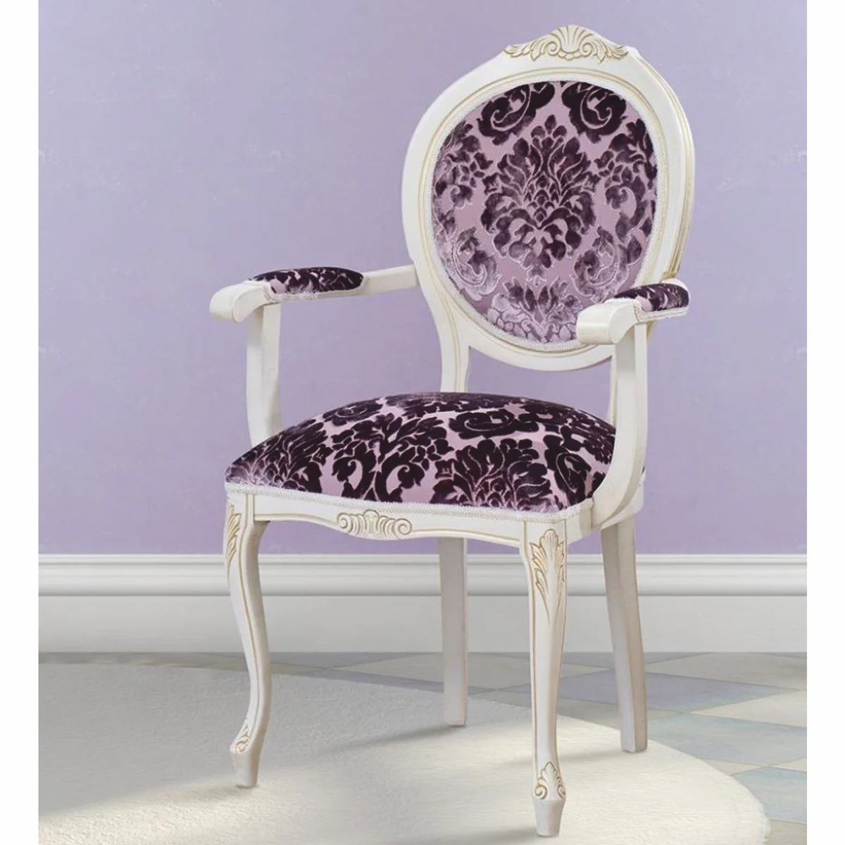 Luxus Barock Esszimmer Stuhl mit Armlehnen Lila / Weiß / Beige - Barock Möbel
