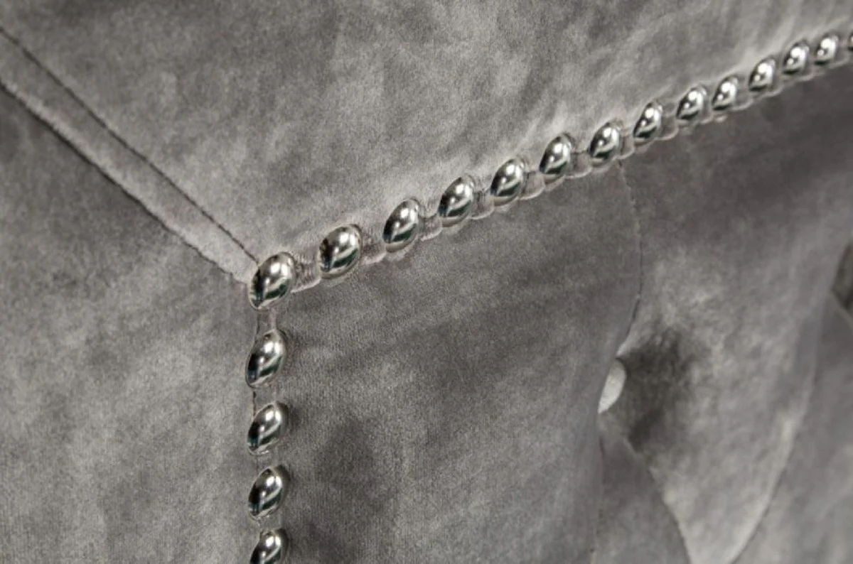 Chesterfield Samt Doppelbett Silbergrau / Silber 190 x 215 x H. 130 cm - Massivholz Bett mit Kopfteil - Chesterfield Schlafzimmer Möbel