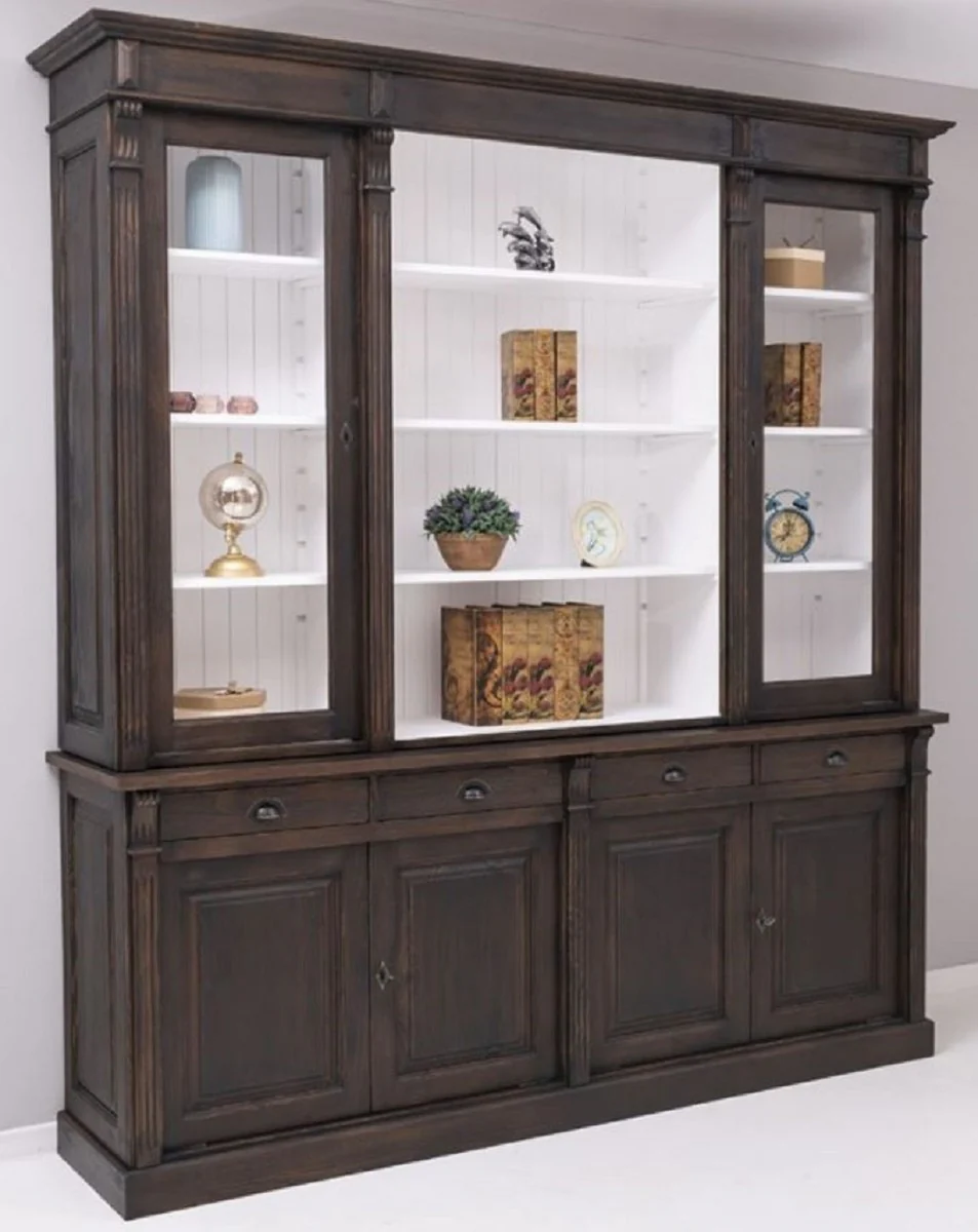 Landhausstil Esszimmerschrank Dunkelbraun / Weiß 223 x 51 x H. 240 cm - Massivholz Schrank - Küchenschrank - Landhausstil Esszimmer Möbel