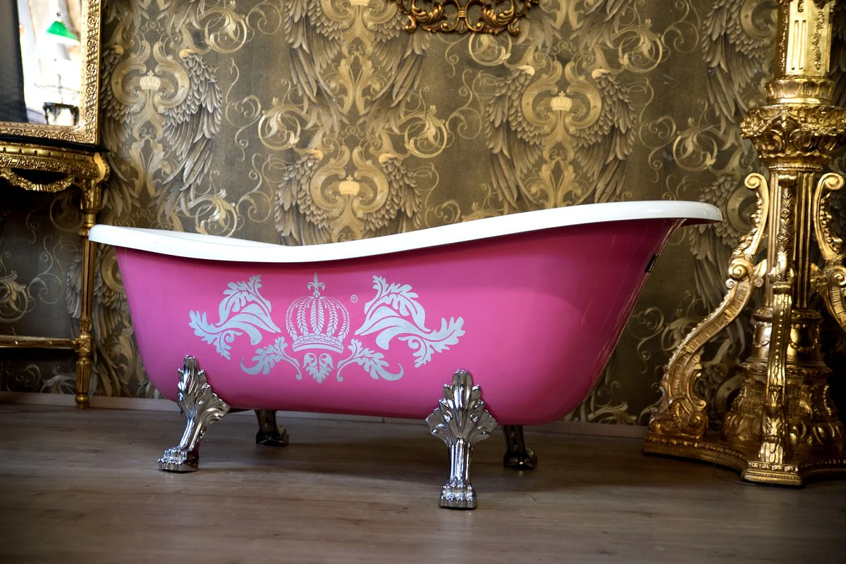 Pompöös by Luxus Badewanne Deluxe freistehend von Harald Glööckler Pink / Silber / Weiß 1470mm mit silberfarbenen Löwenfüssen