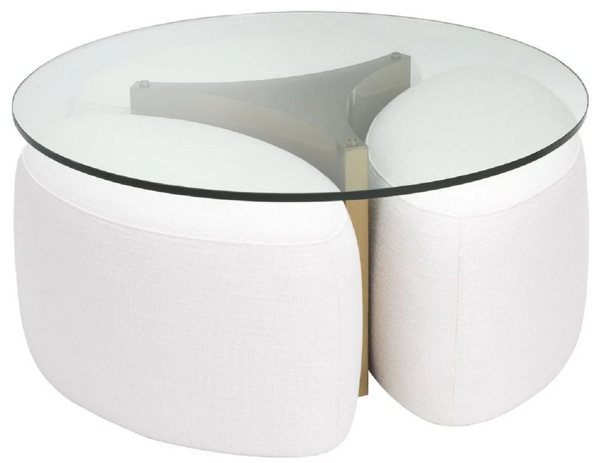 Luxus Couchtisch Weiß / Antik Messingfarben Ø 104 x H. 46,5 cm - Runder Edelstahl Wohnzimmertisch mit Glasplatte und 3 eleganten Sitzhocker - Wohnzimmer Möbel - Luxus Möbel