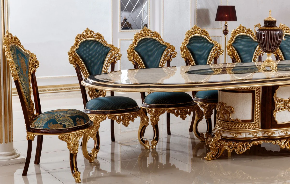 Luxus Barock Esszimmer Set Weiß / Braun / Blau / Gold - 1 Barock Esstisch & 22 Barock Esszimmerstühle - Hotel Möbel - Schloss Möbel - Palast Möbel - Luxus Möbel im Barockstil