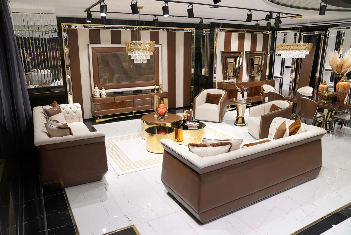 Luxus Beistelltisch Braun / Grau / Gold - Verspiegelter 8 eckiger Massivholz Tisch - Wohnzimmer Möbel - Wohnzimmer Einrichtung - Luxus Möbel - Luxus Einrichtung - Luxus Qualität