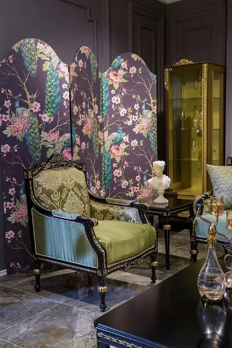 Luxus Barock Wohnzimmer Set Grün / Schwarz / Gold - 2 Barock Sofas & 2 Barock Sessel & 1 Barock Couchtisch - Wohnzimmer Möbel im Barockstil - Barock Möbel - Barock Einrichtung