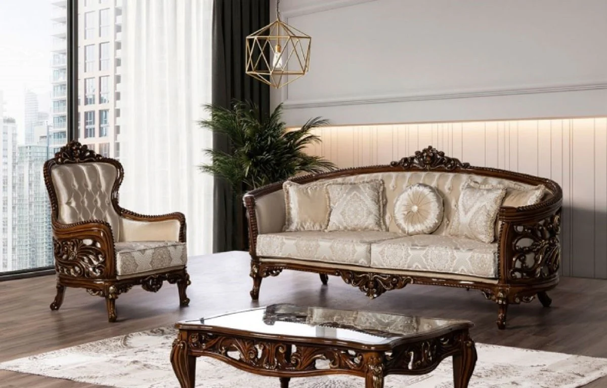 Luxus Barock Couchtisch Braun / Gold - Handgefertigter Massivholz Wohnzimmertisch mit Glasplatte - Barock Wohnzimmer Möbel - Edel & Prunkvoll