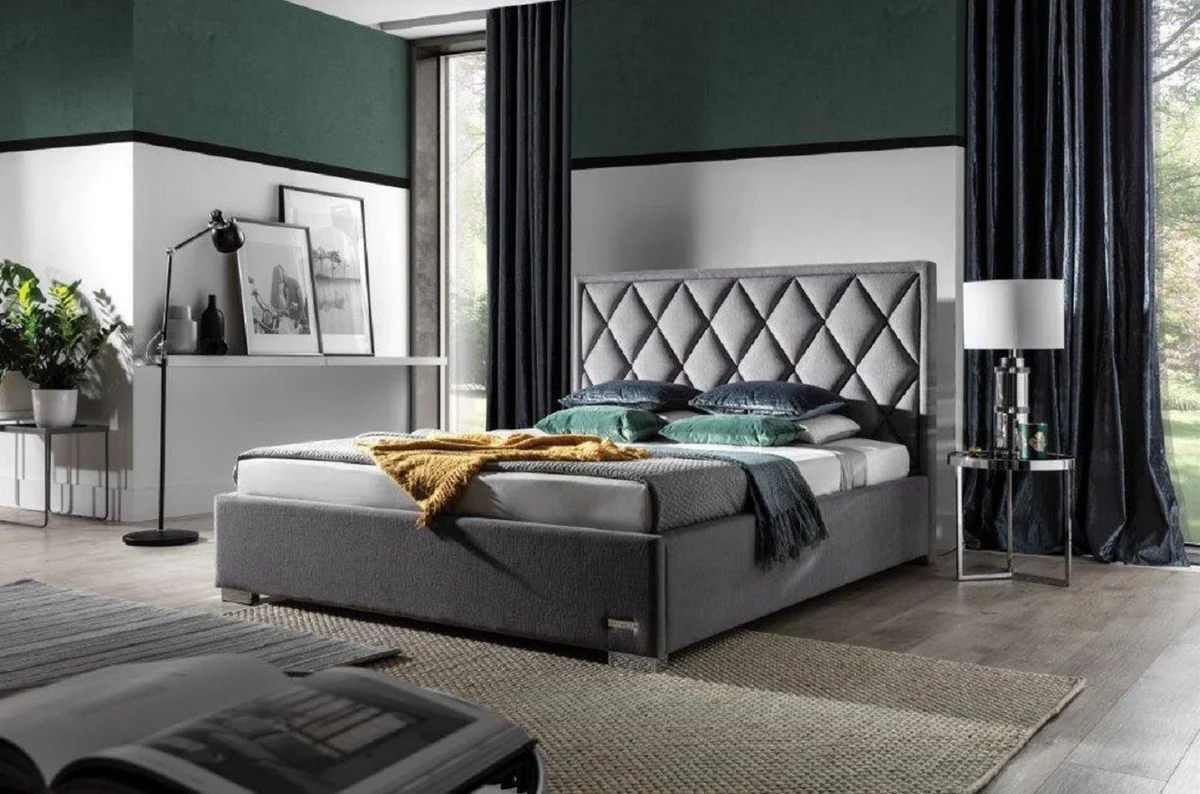 Luxus Doppelbett Grau / Silber - Verschiedene Größen - Modernes Massivholz Bett mit Kopfteil - Schlafzimmer Möbel - Luxus Kollektion