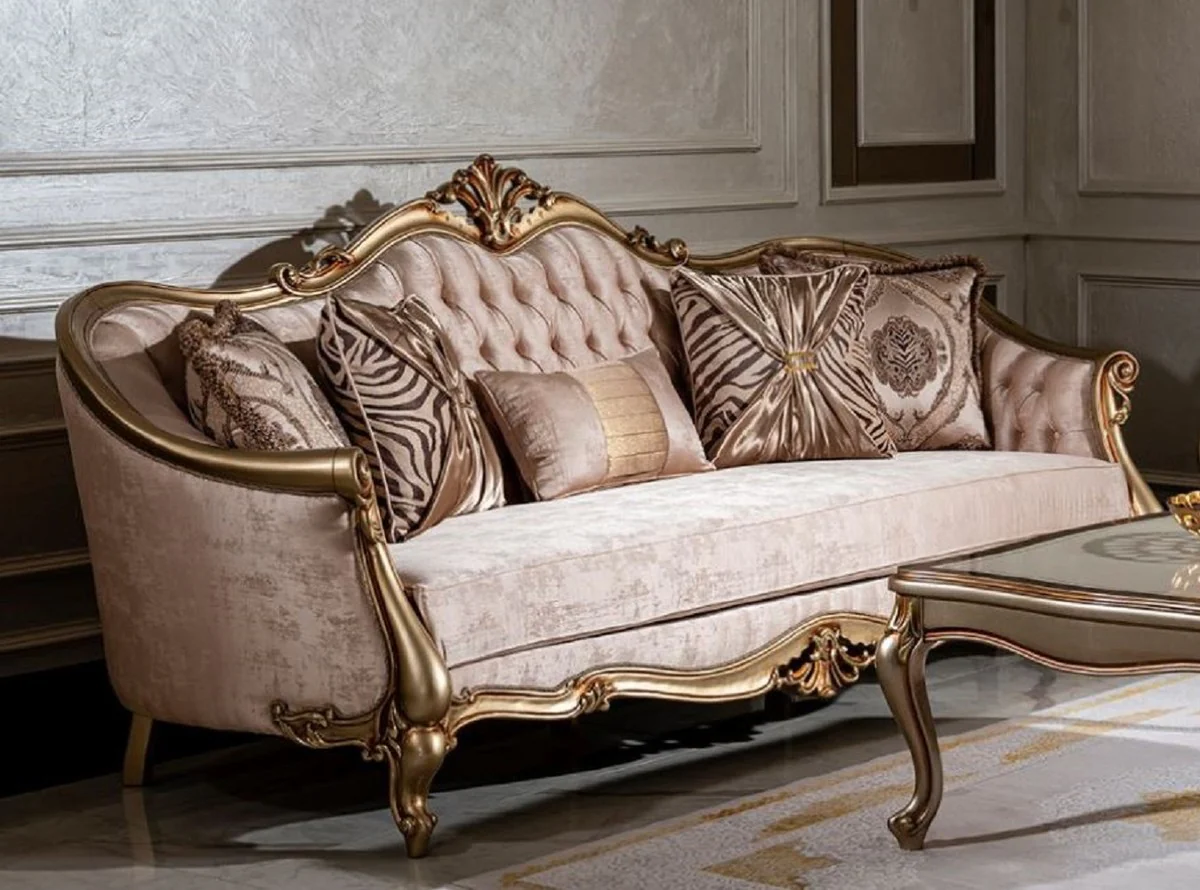 Luxus Barock Sofa Rosa / Gold - Handgefertigtes Wohnzimmer Sofa mit dekorativen Kissen - Wohnzimmer Möbel - Barock Möbel