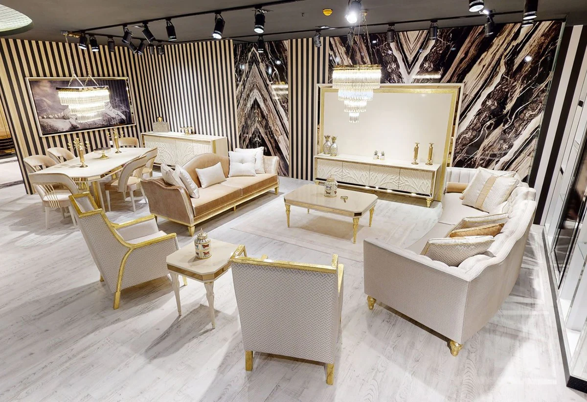 Luxus Barock Sofa Weiß / Gold - Gebogenes Wohnzimmer Sofa - Hotel Sofa - Luxus Barock Wohnzimmer & Hotel Möbel