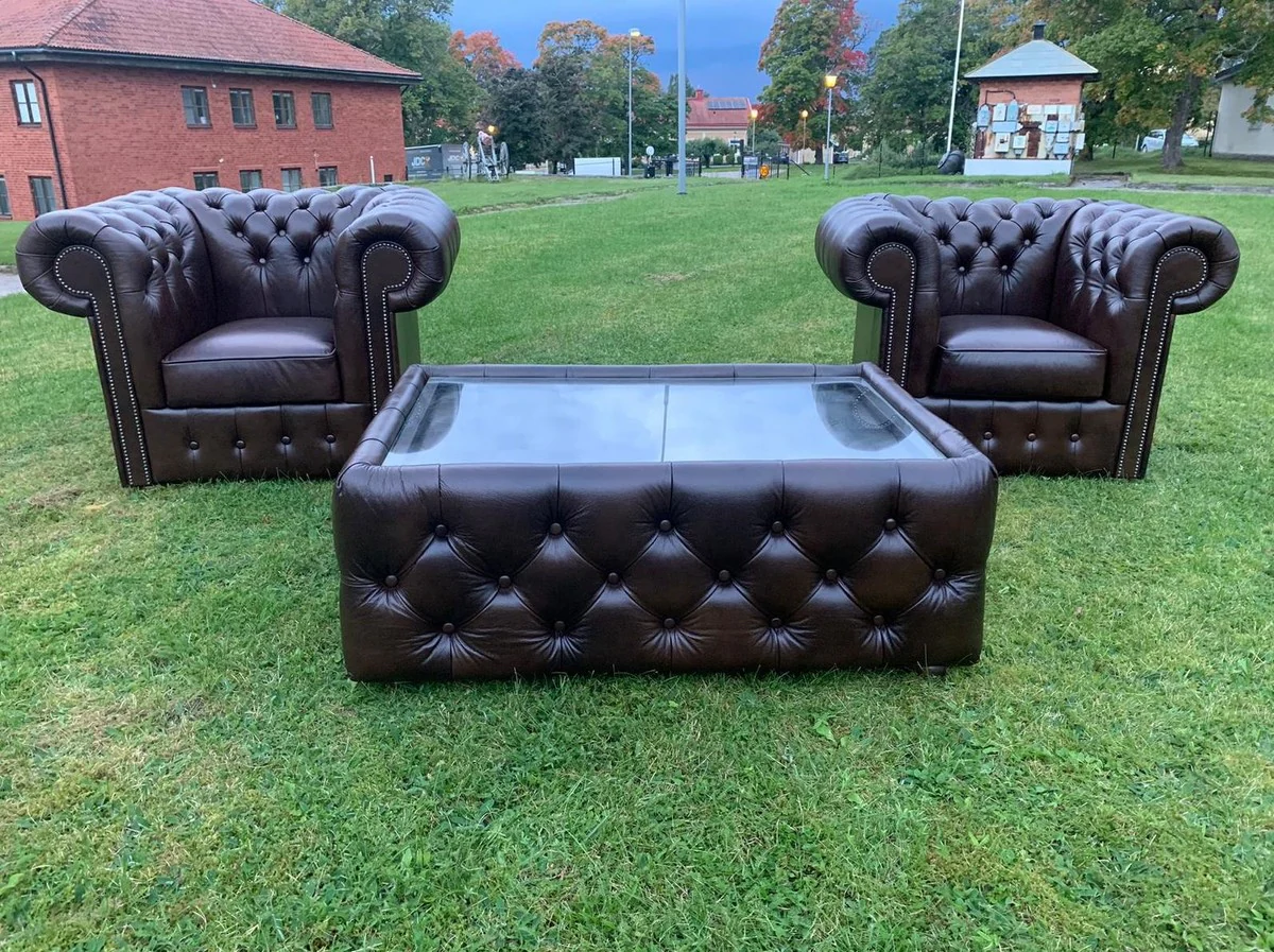 Luxus Chesterfield Echtleder Couchtisch mit Glasplatte Schwarz