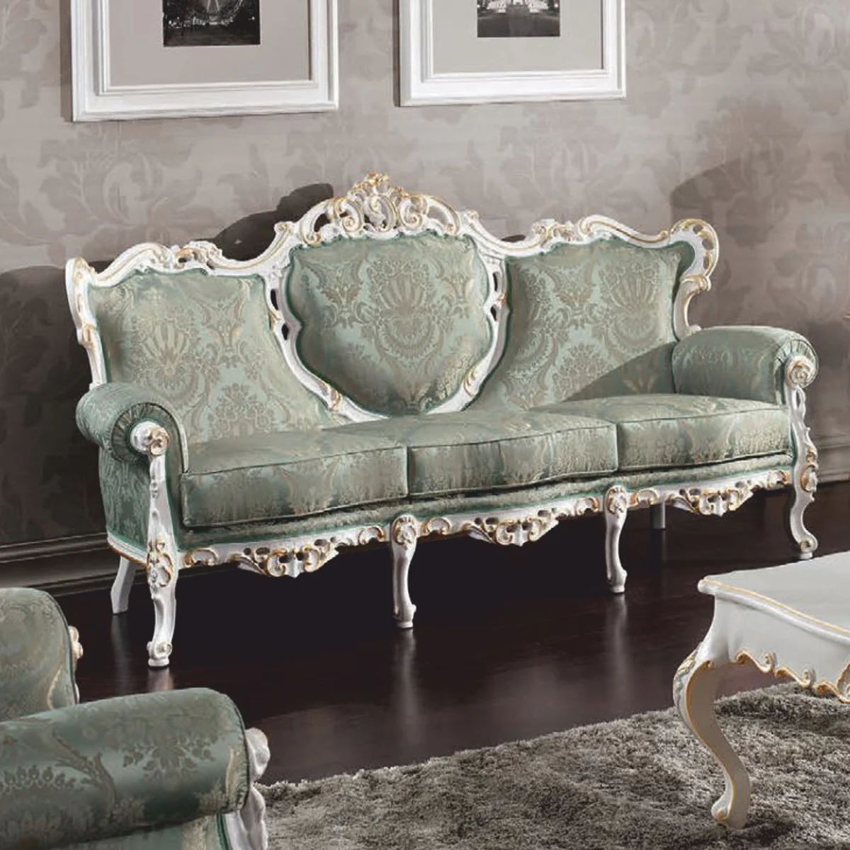 Luxus Barock Wohnzimmer Sofa Grün / Weiß / Gold 210 cm - Made in Italy