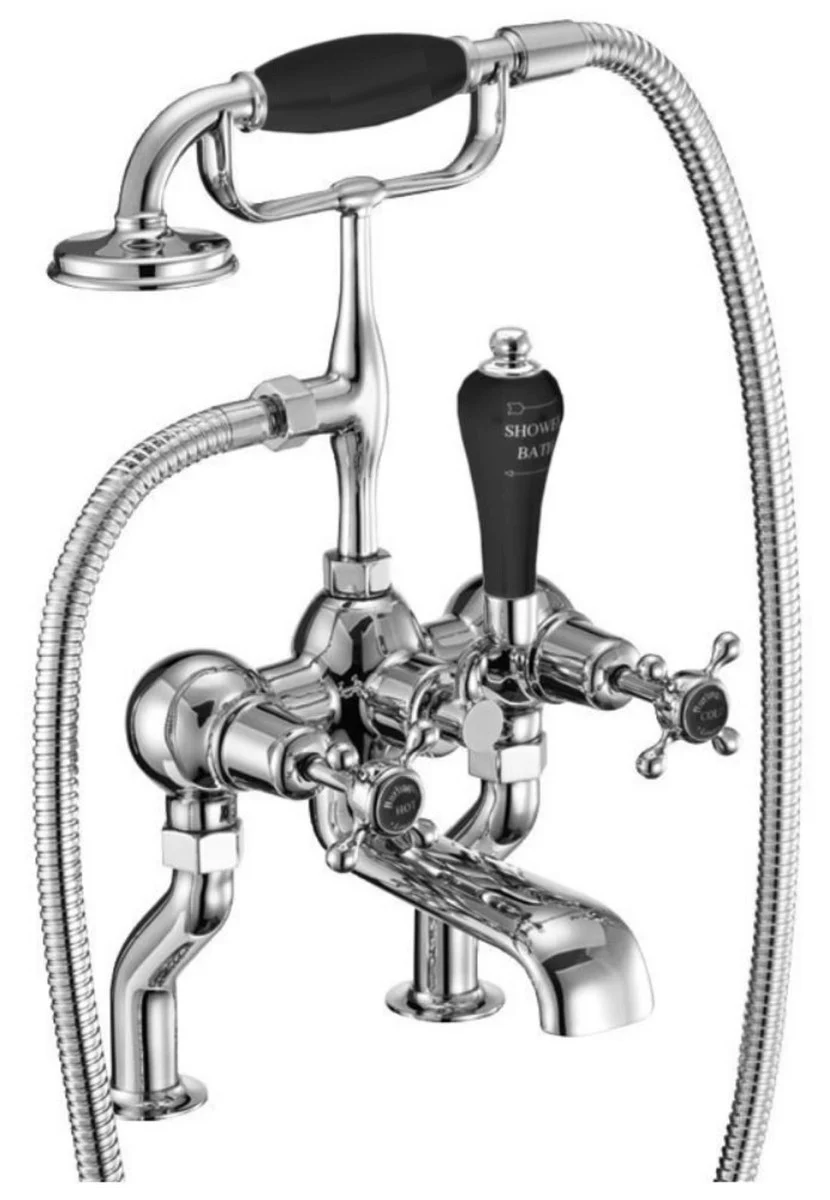 Luxus Jugendstil Badewannenarmatur Silber / Schwarz H. 50,3 cm - Nostalgische Messing Badewannen Armatur mit Handbrause - Nostalgisches Badezimmer Zubehör