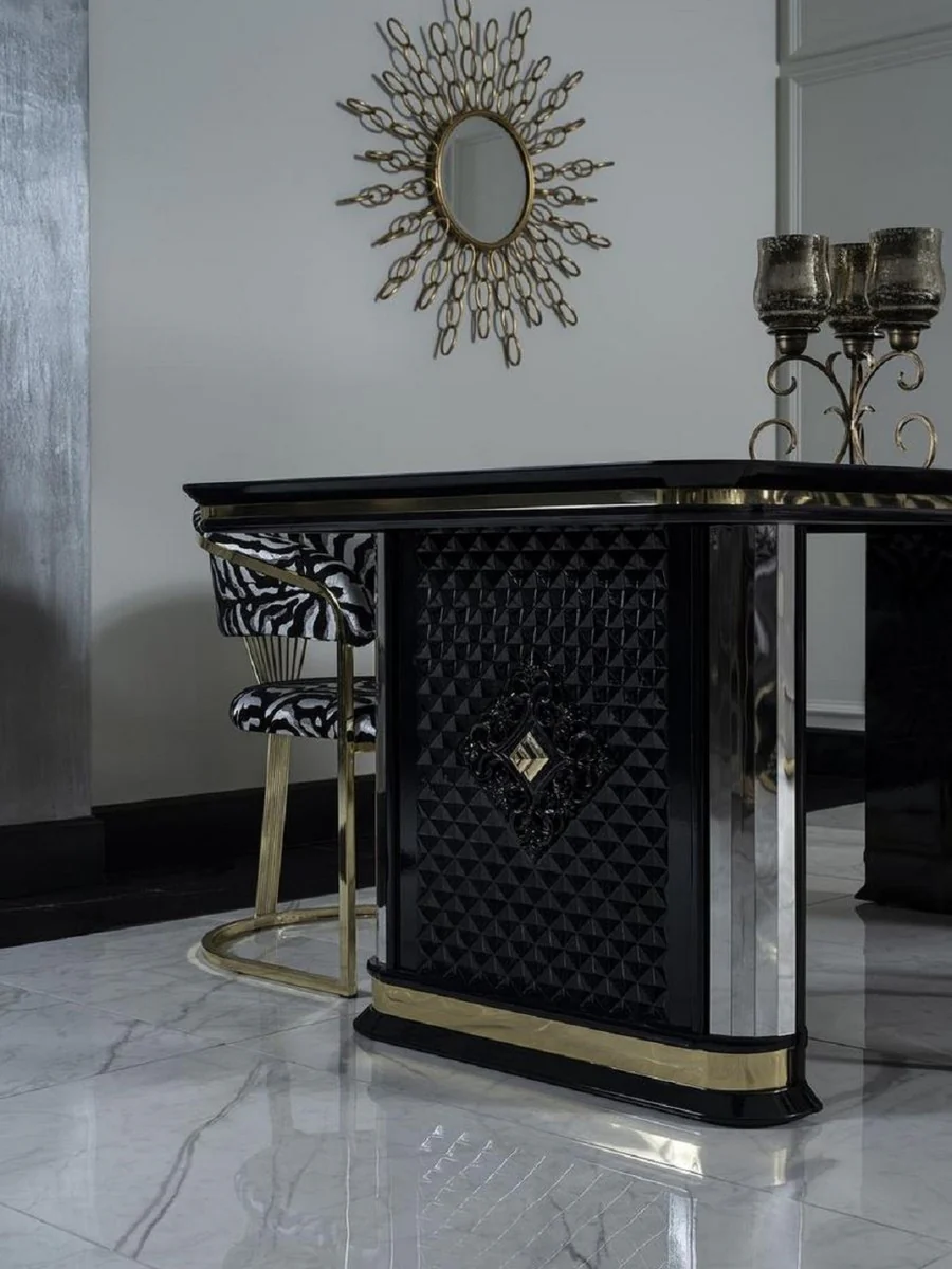 Luxus Art Deco Esstisch Schwarz / Gold - Handgefertigter Massivholz Küchentisch mit Spiegelglas - Art Deco Esszimmer Möbel