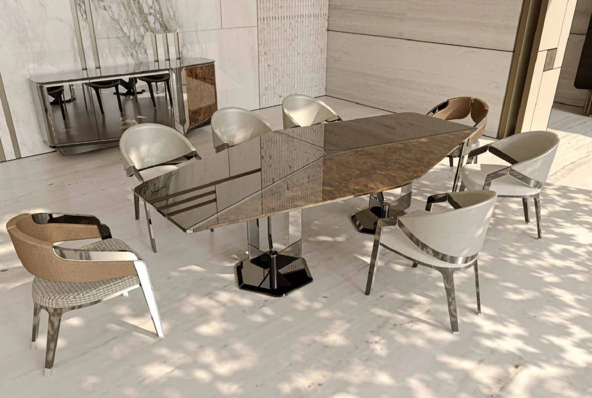 Luxus Designer Esszimmer Stuhl 8er Set Grau / Braun - Luxus Möbel - Designer Möbel - Esszimmer Möbel - Restaurant Möbel - Hotel Möbel - Luxus Qualität