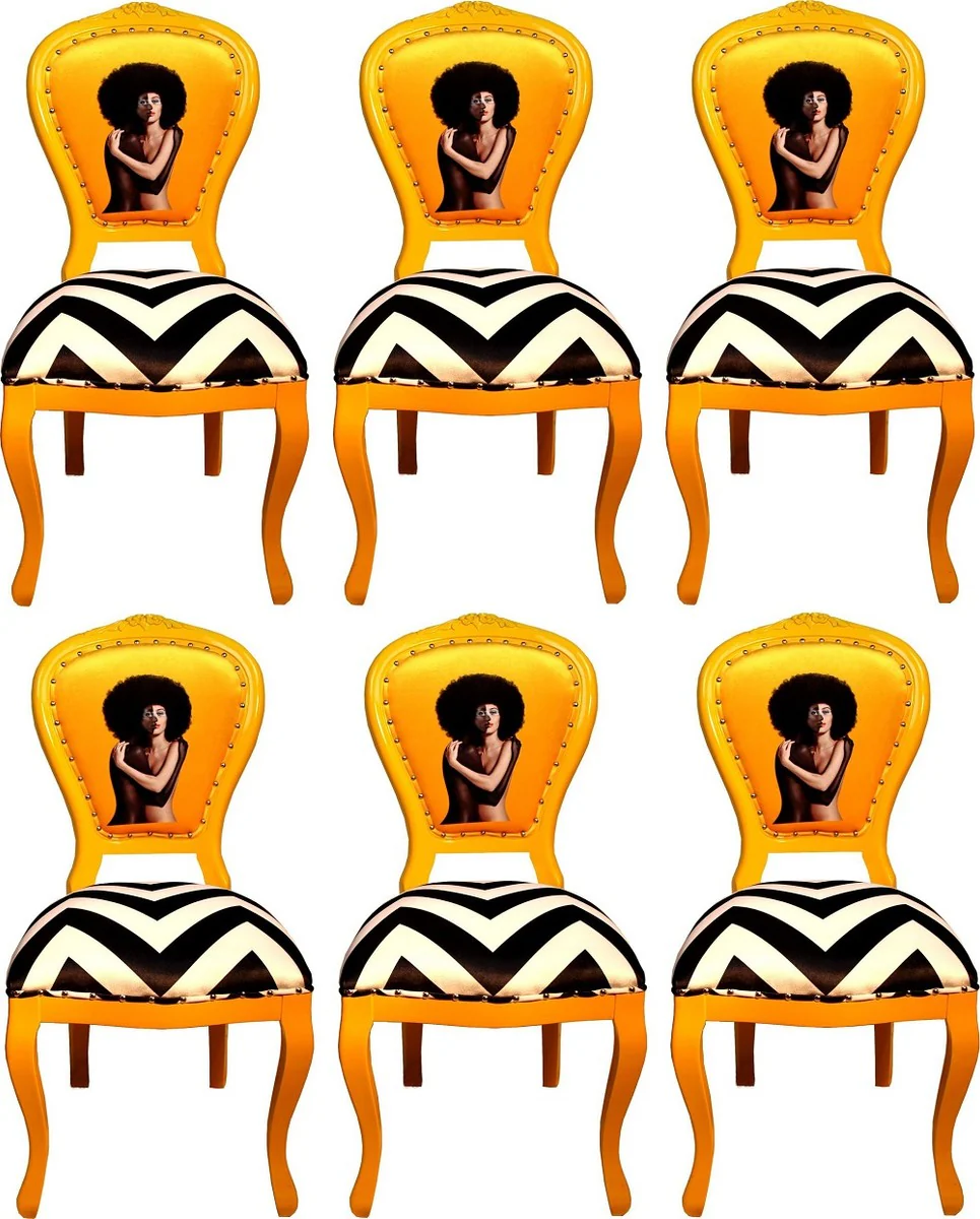 Luxus Barock Esszimmer Set Schwarz / Weiß Streifen / Gelb 55 x 54 x H. 103 cm - 6 handgefertigte Designer Esszimmerstühle - Barock Esszimmermöbel