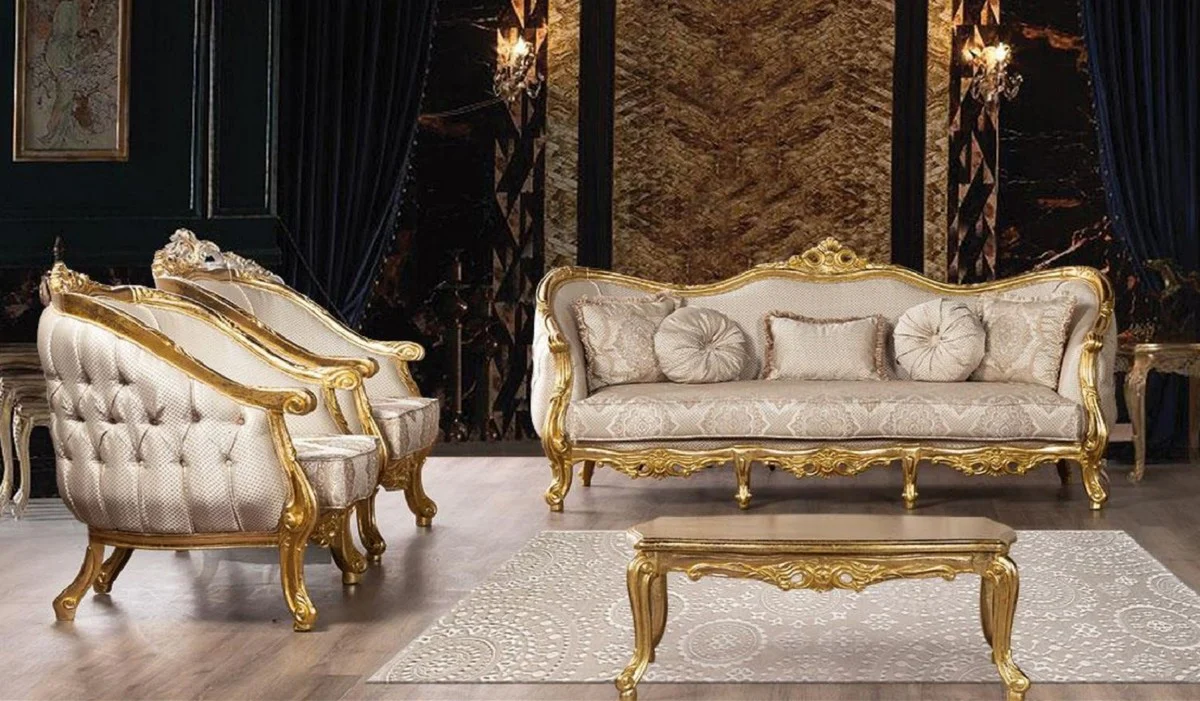 Luxus Barock Wohnzimmer Set Beige / Gold - 2 Barock Sofas mit Muster & 2 Barock Sessel mit Muster & 1 Barock Couchtisch - Prunkvolle Barock Wohnzimmer Möbel