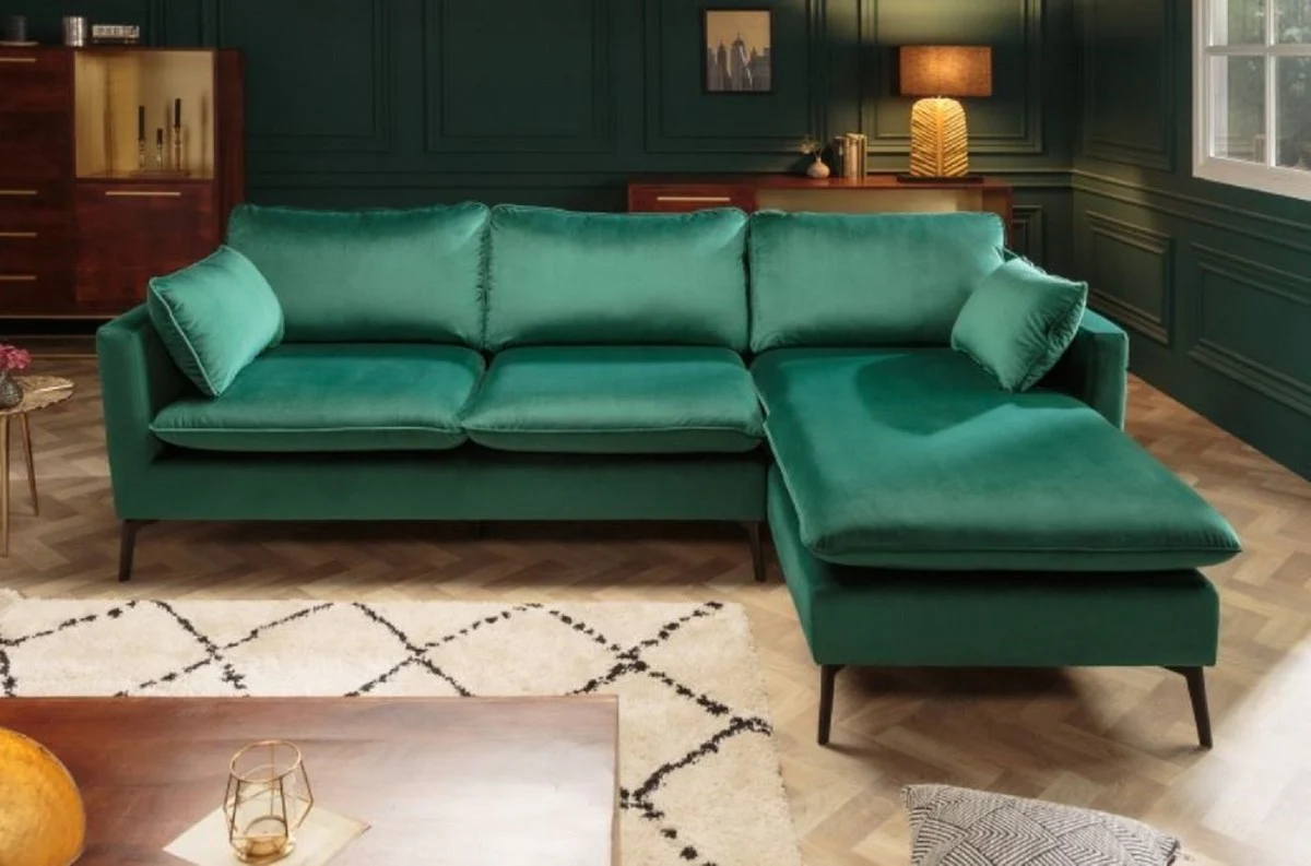 Samt Ecksofa Smaragdgrün / Schwarz 260 x 160 x H. 93 cm - Wohnzimmer Sofa mit Kissen im Retro Style - Wohnzimmer Möbel