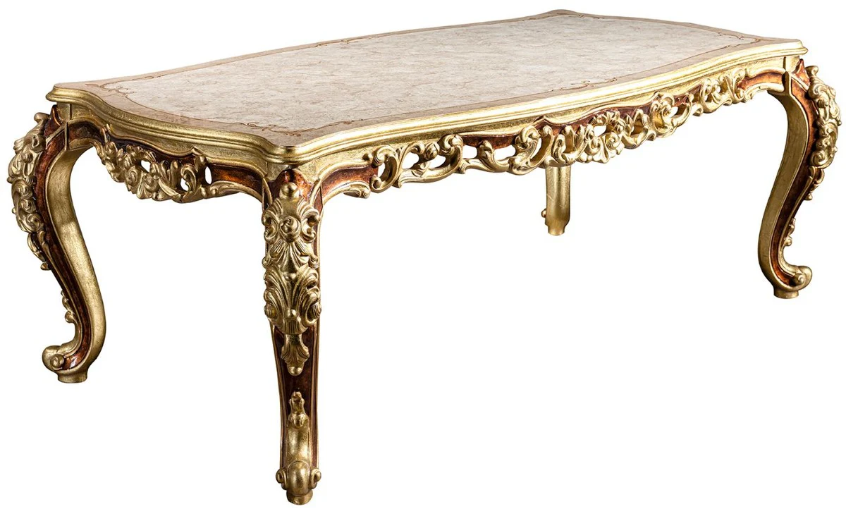 Luxus Barock Esszimmer Set Weiß / Gold / Braun / Gold - 1 Esszimmertisch & 6 Esszimmerstühle - Edle Esszimmer Möbel im Barockstil - Edel & Prunkvoll