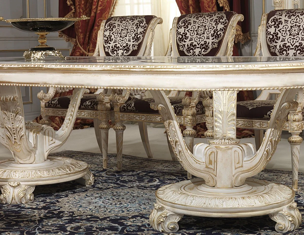 Luxus Barock Esstisch Weiß / Gold - Verschiedene Größen - Prunkvoller ovaler Massivholz Esszimmertisch mit Glasplatten - Hotel Restaurant Schloss Möbel - Luxus Qualität - Made in Italy