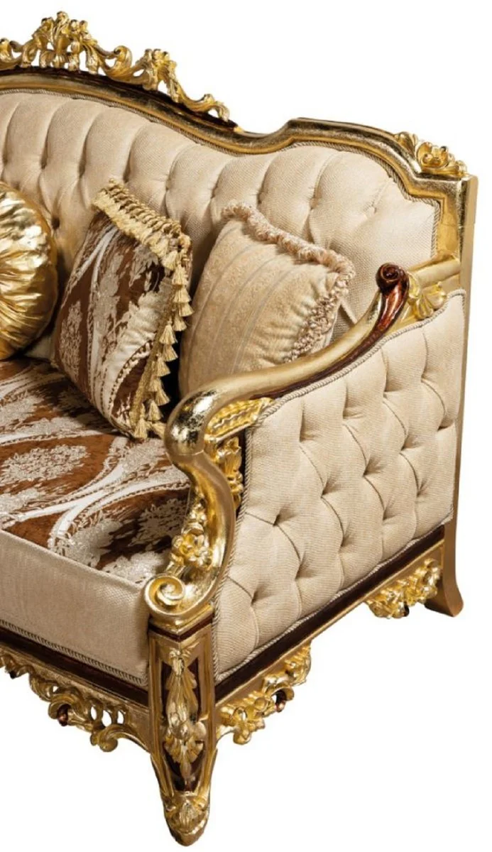 Luxus Barock Sofa Beige / Braun / Gold - Prunkvolles Wohnzimmer Sofa mit Muster - Barock Wohnzimmer Möbel