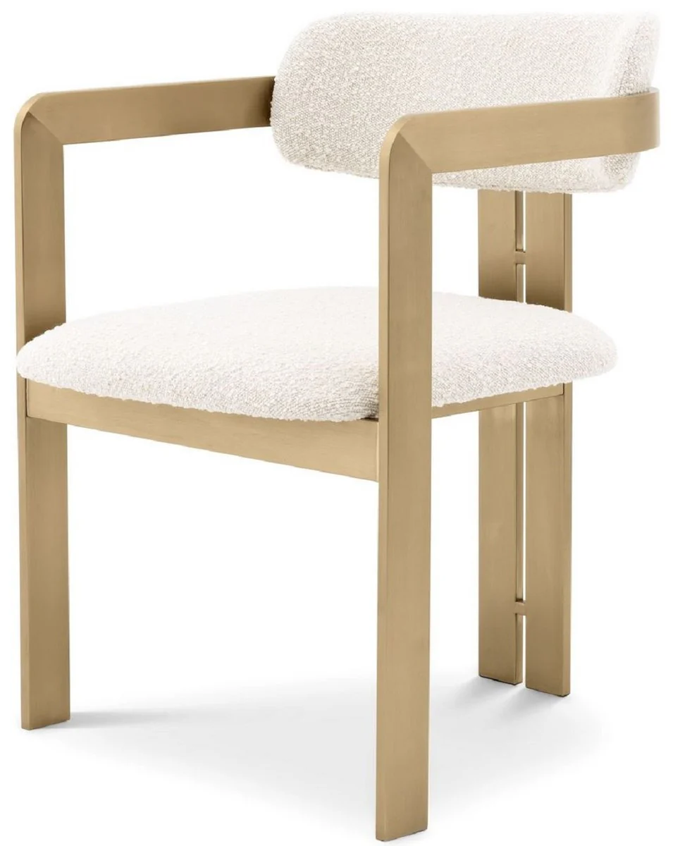 Luxus Esszimmerstuhl Creme / Messingfarben 57,5 x 58 x H. 79 cm - Edler Küchenstuhl mit Armlehnen - Luxus Esszimmer Möbel
