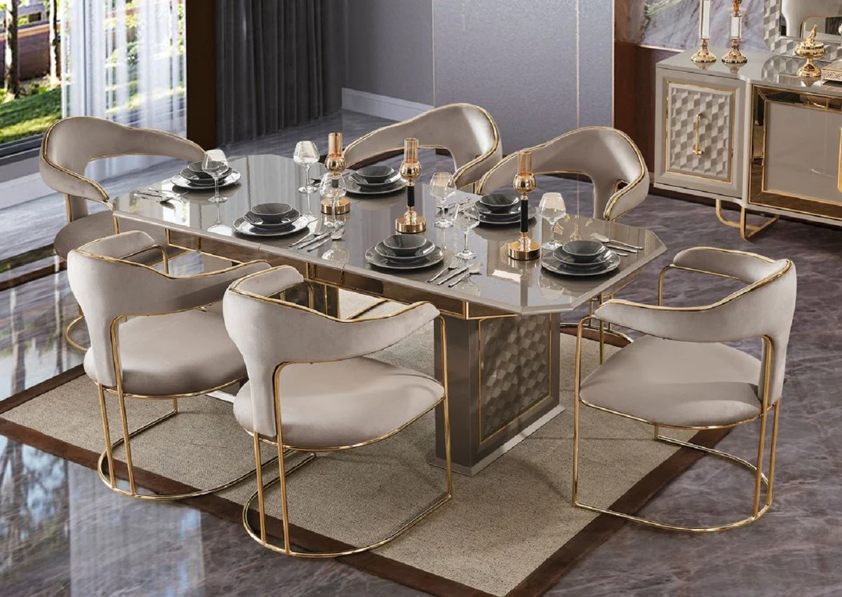 Luxus Art Deco Esszimmer Set Grau / Gold - 1 Ausziehbarer Esstisch & 6 Esszimmerstühle mit Armlehnen - Esszimmer Möbel - Art Deco Möbel - Luxus Möbel - Art Deco Einrichtung