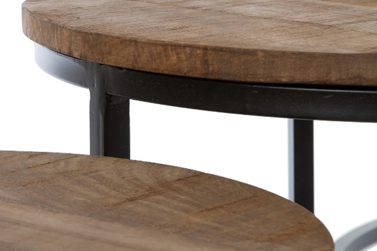 Luxus Couchtisch 3er Set Naturfarben / Schwarz Ø 78 x H. 48 cm - Runde Wohnzimmertische mit halbrundem Metall Untergestell