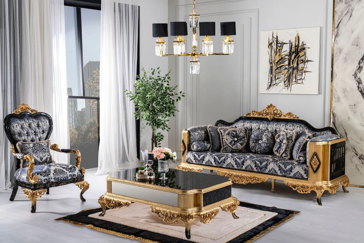 Luxus Barock Couchtisch Schwarz / Gold - Massivholz Wohnzimmertisch im Barockstil - Barockstil Wohnzimmer Möbel - Barock Möbel - Barock Einrichtung - Luxus Möbel im Barockstil