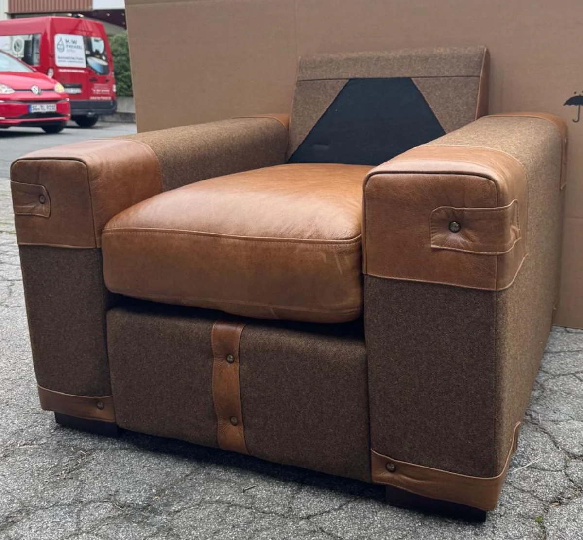 Luxus Leder Sessel Braun / Grau / Schwarz - Wohnzimmer Möbel