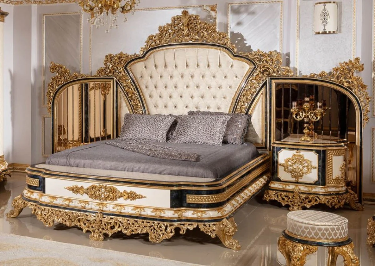 Luxus Barock Doppelbett Gold / Weiß / Blau / Gold - Prunkvolles Massivholz Bett mit verspiegeltem Kopfteil - Schlafzimmer Möbel im Barockstil - Edel & Prunkvoll