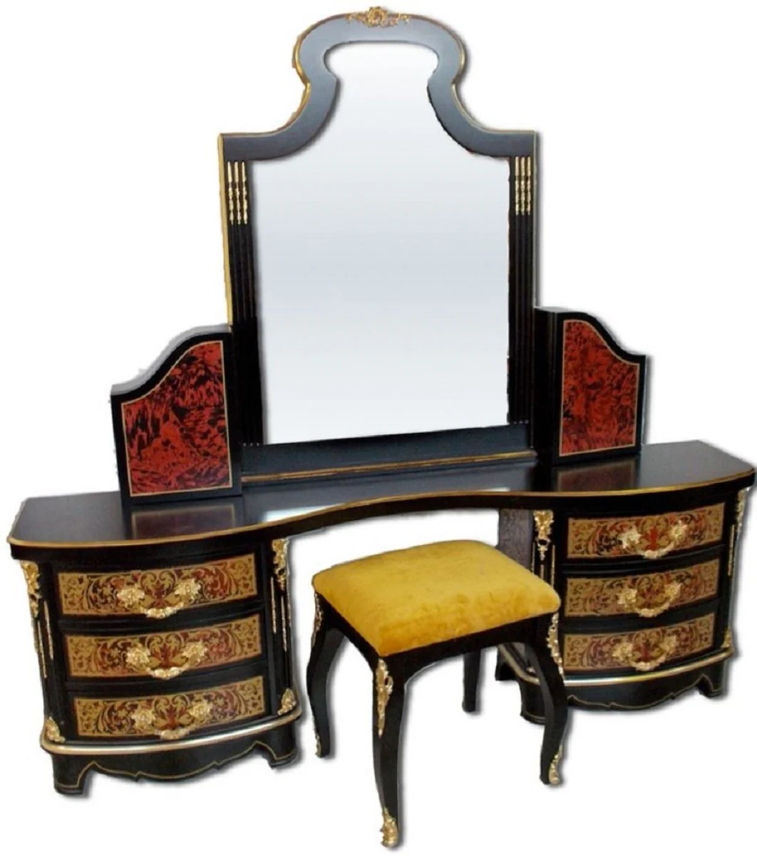 Luxus Barock Boulle Schlafzimmer Set Schwarz / Rot / Gold - 1 Schminkkommode mit Spiegel & 1 Hocker - Prunkvolle Schlafzimmer Möbel im Barockstil - Luxus Qualität - Made in Italy