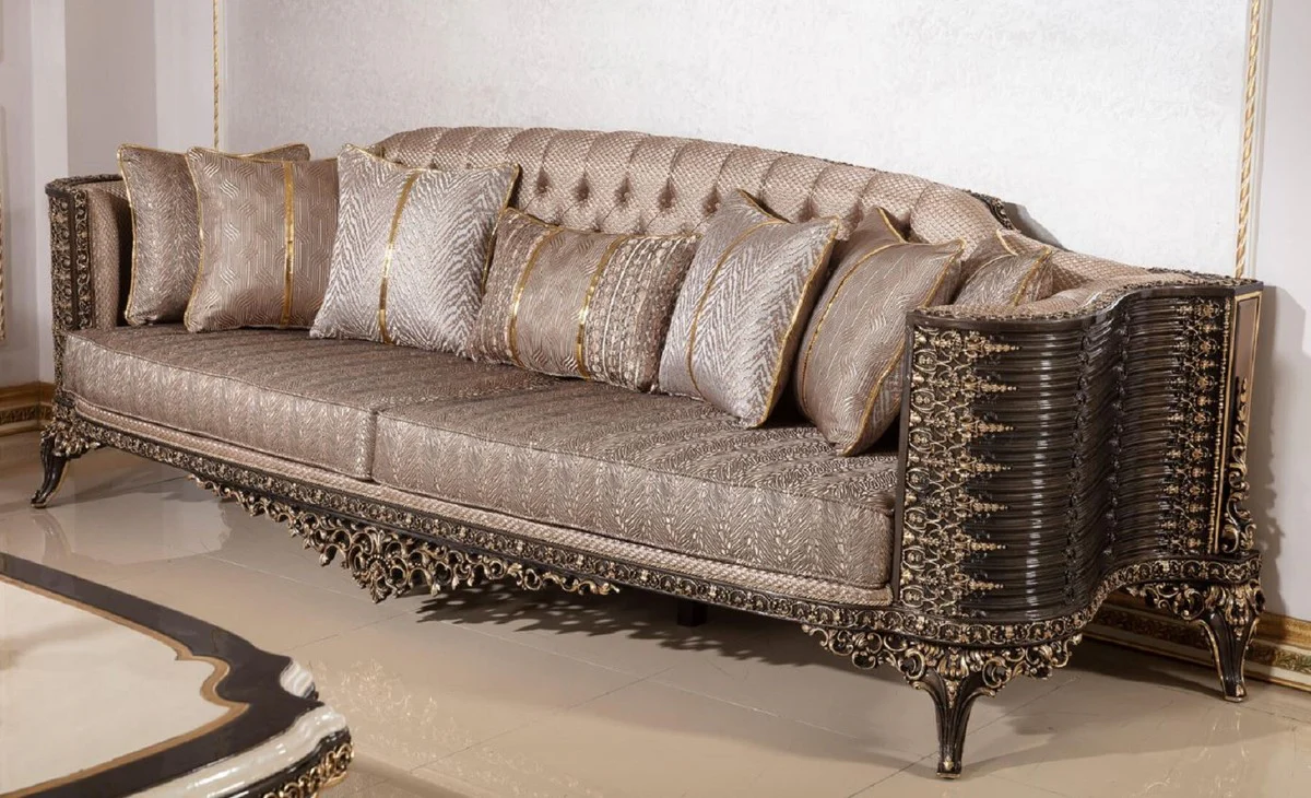 Luxus Barock Sofa Grau / Dunkelbraun / Gold 282 cm