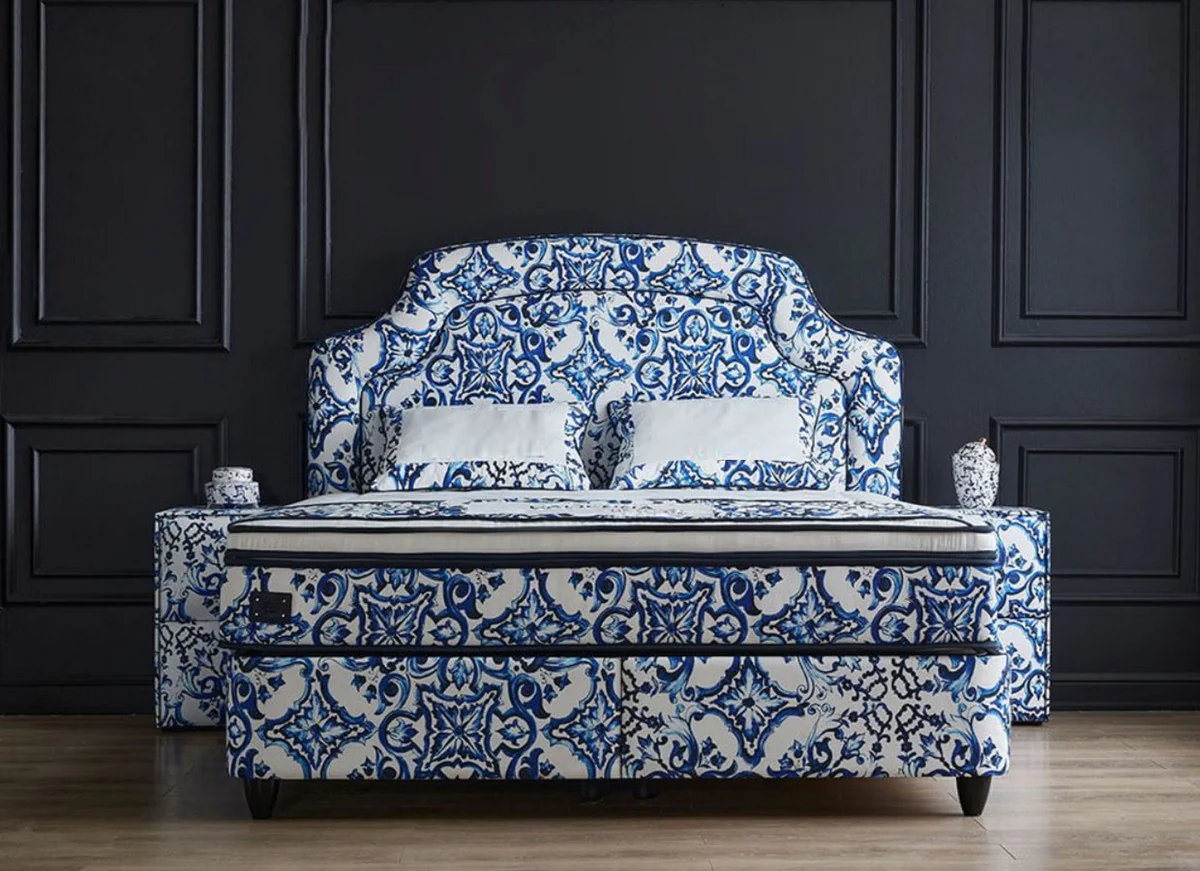 Luxus Art Deco Doppelbett Weiß / Blau / Schwarz - Verschiedene Größen