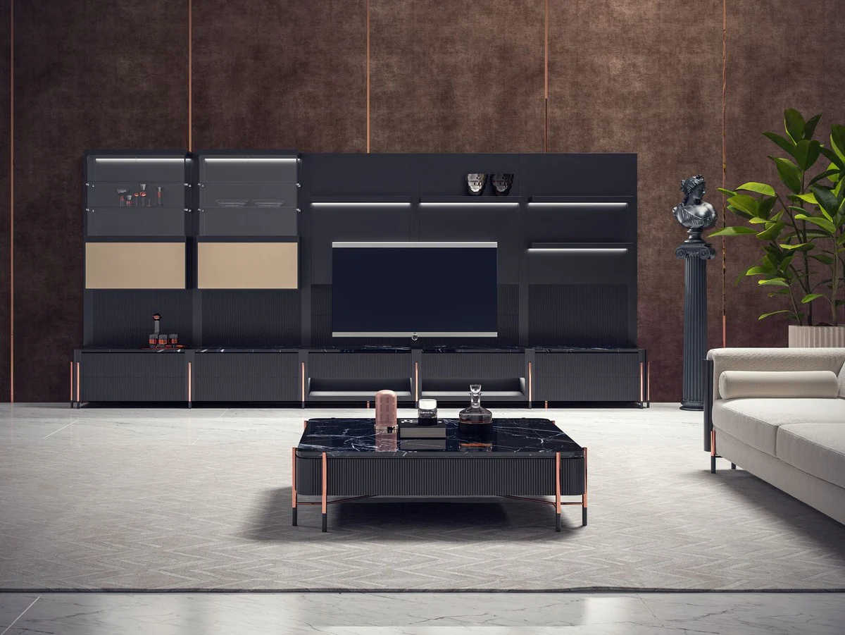 Luxus Couchtisch Schwarz / Matt Schwarz / Kupfer 124 x 124 x H. 35 cm - Quadratischer Wohnzimmertisch mit Marmorplatte - Wohnzimmer Möbel - Hotel Möbel - Luxus Möbel