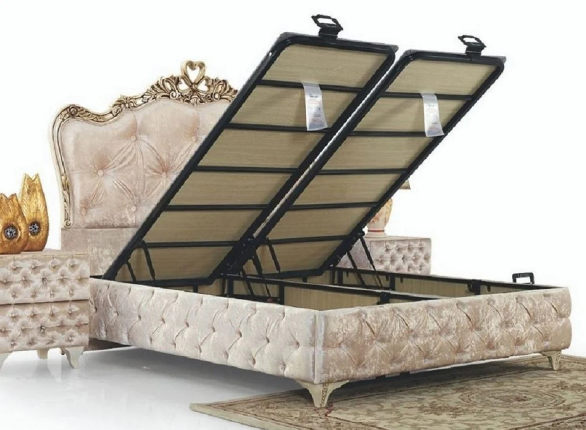 Luxus Barock Doppelbett Beige / Cremefarben / Braun - Verschiedene Größen - Handgefertigtes Massivholz Bett im Barockstil - Barock Schlafzimmer & Hotel Möbel - Edel & Prunkvoll