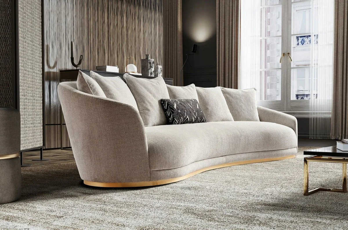 Luxus Sofa Hellgrau / Messing 308 x 110 x H. 90 cm - Gebogenes Wohnzimmer Sofa - Hotel Sofa - Wohnzimmer Möbel - Hotel Möbel - Luxus Möbel - Luxus Einrichtung - Wohnzimmer Einrichtung